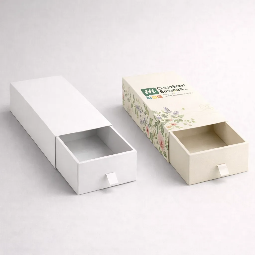 Two tall rectangular reed diffuser cartons, one blank white and one printed with floral graphics. class=